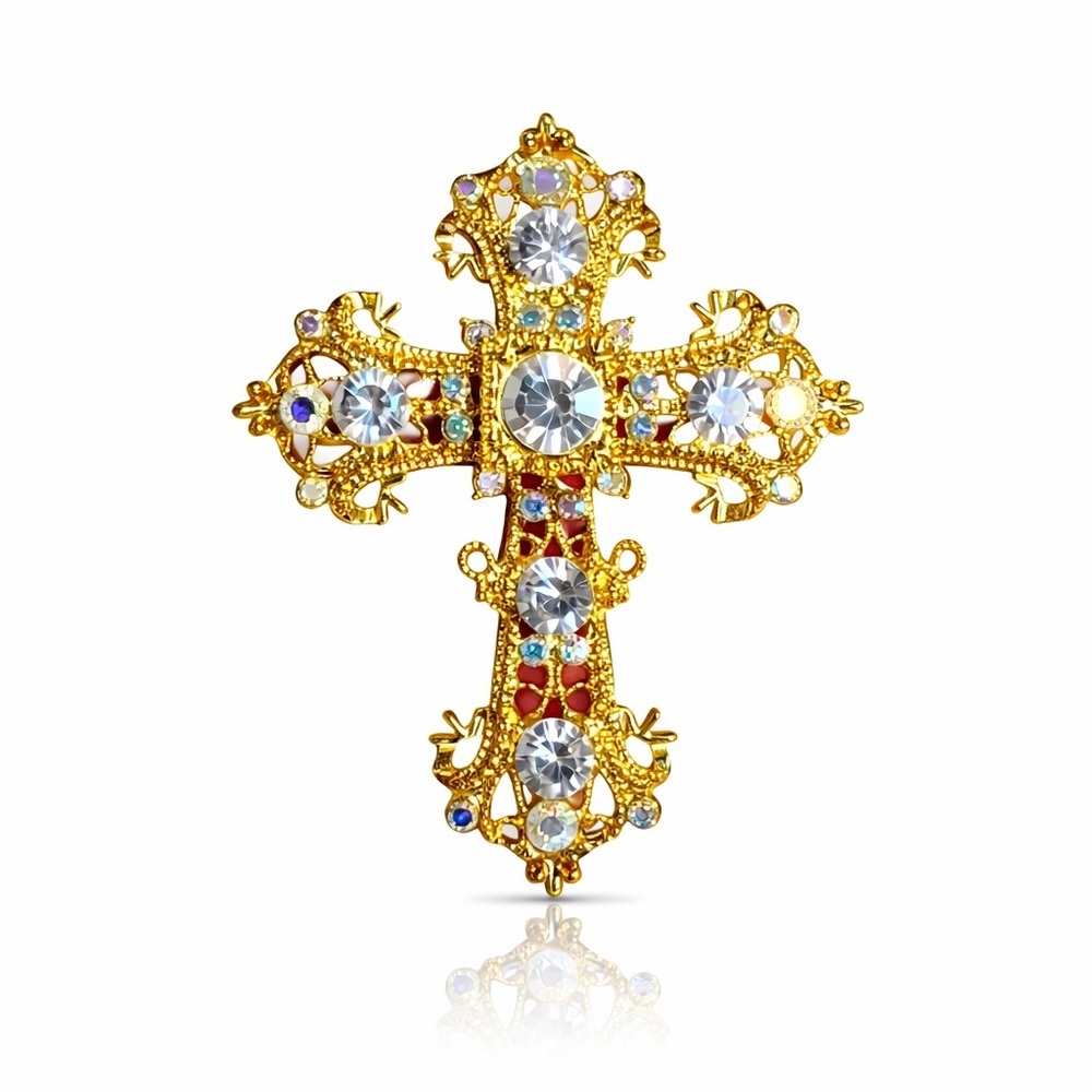 Elegant Gold and Red Cross Brooch - Picture 1 of 8